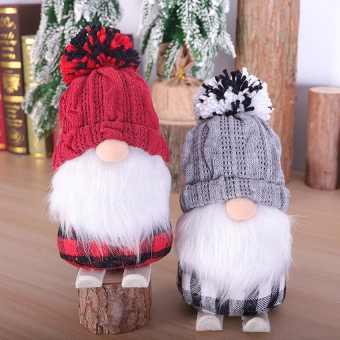 Gnome De Noël À Ski Poupée Tricotée Peluche Tomte Ornement Skis En Bois Carreaux Buffalo Décoration De Table Maison Hiver