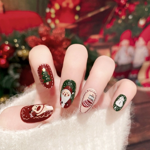 Christmas Press On Nails Glossy Full Cover Artificial False Finger Nails Cartoon Santa Claus Reindeer Festive Party Women