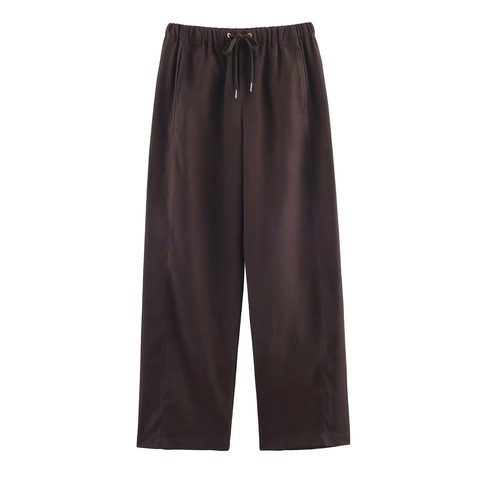 Pantalones De Pierna Ancha De Cintura Alta Para Mujer Tejido De Poliéster Cintura Elástica Con Cordón Casual