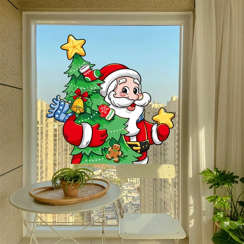 Christmas Static Cling Window Stickers Santa Claus Tree PVC Decals Double Sided Holiday Party Cartoon Home Decor