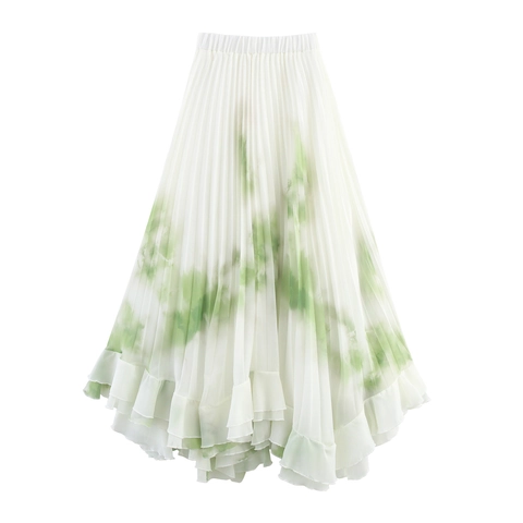 Falda Larga Plisada Mujer Chifón Bohemio Cintura Alta Elástica Estampado Abstracto Dobladillo Con Volantes Irregular Elegante