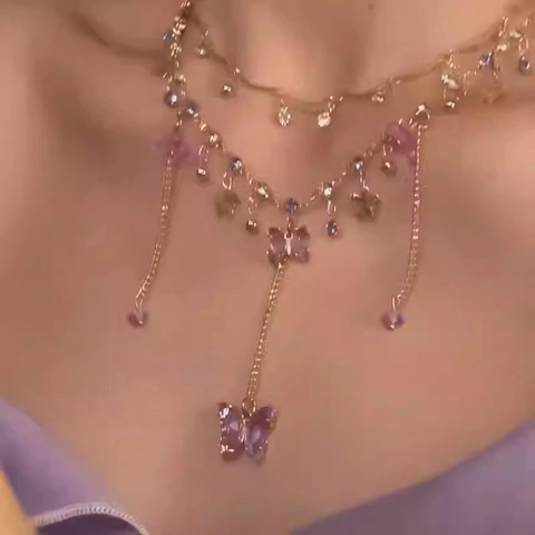 Double Layer Necklace Alloy Purple Crystal Butterfly Pendant Tassel Elegant Clavicle Chain Jewelry For Women