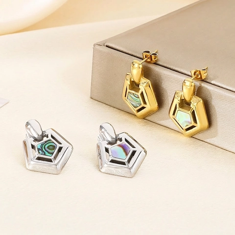 Pendientes De Botón Geométricos Con Forma De Pentágono De Acero Inoxidable Con Incrustaciones De Concha De Abulón Joyería Minimalista