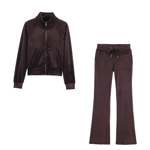 Survêtement en Velours pour Femmes avec Strass Lettres Gothiques Veste à Fermeture Éclair Haut à Manches Longues et Pantalon Large à Taille Haute Décontracté Streetwear