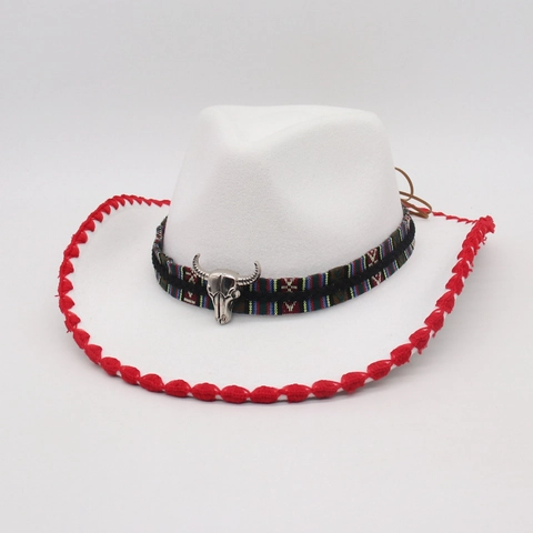 Western Cowboy Hat Vintage Felt Wide Brim With Metal Bull Head Ethnic Woven Band For Men Women