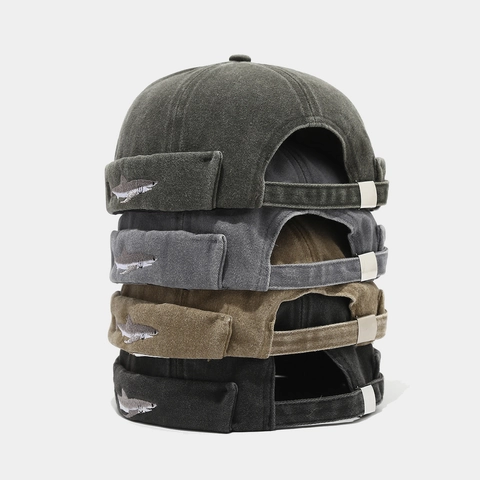 Bonnet Docker Vintage En Coton Lavé Sans Bord Broderie Requin Casquette Miki Réglable Streetwear