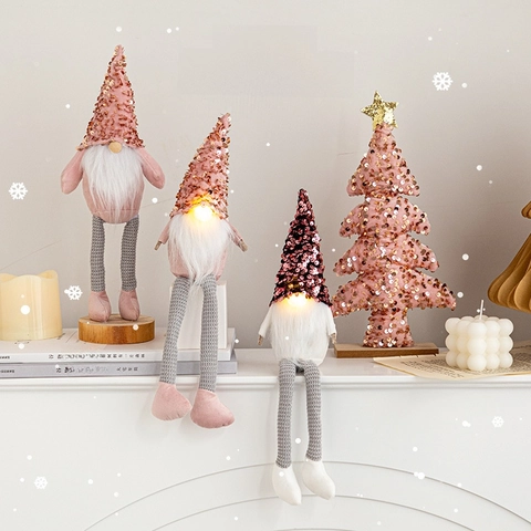Christmas Gnome Plush Ornament LED Glowing Nose Sequin Hat Long Legs Gonk Doll Xmas Tree Decoration Home Holiday Desktop