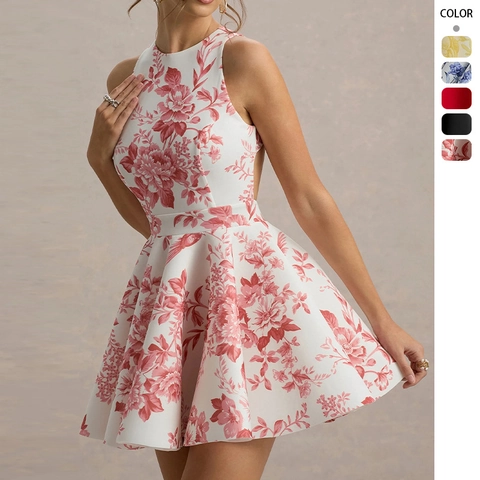 Halter Neck Floral Mini Dress Sleeveless Backless Bow Tie A-Line Summer Party Casual Polyester For Women