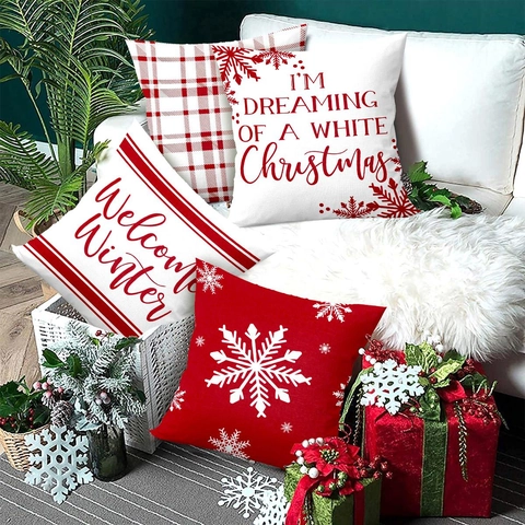 Housses De Coussin De Noël Polyester Texture Lin Rouge Blanc Carreaux Flocon De Neige Hiver Décoration De Fête