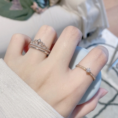 Crown Ring Stackable Double Color Copper Micro Pave Cubic Zirconia Adjustable Finger Jewelry For Women