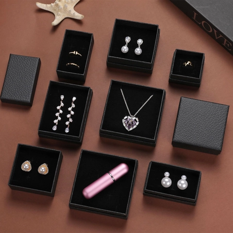 Estuche De Regalo Para Joyas Patrón Lichi Papel Texturizado Contenedor Para Anillos Pendientes Collares Embalaje De Joyas Simple Elegante