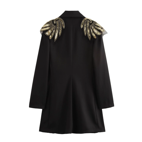 Blazer Minikleid Damen Langarm Doppelreiher Goldene Pailletten Flügel Perlen Schmale Passform Elegant Abendparty Kleidung