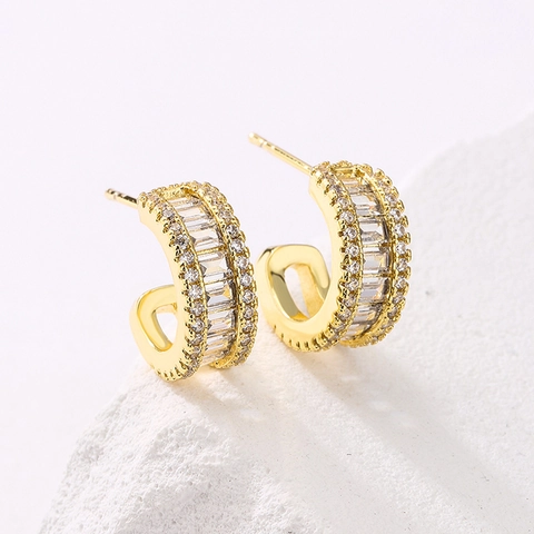 C-Shape Hoop Earrings 18K Gold Plated Copper Micro Pave Cubic Zirconia Vintage Retro Half Round Jewelry For Women