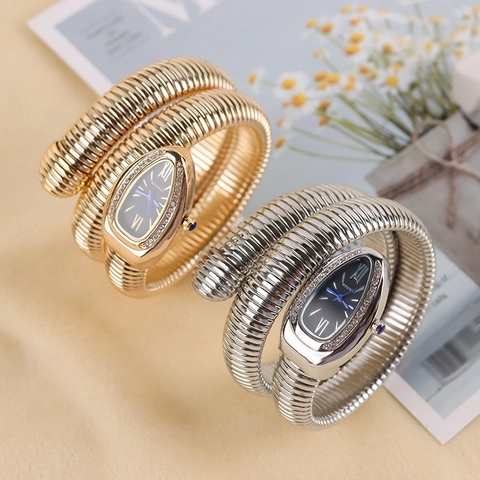 Fashion Women Quartz Bracelet Watch Snake Shaped Wrap Around Metal Tubogas Strap Rhinestone Inlaid Waterproof Wristwatch