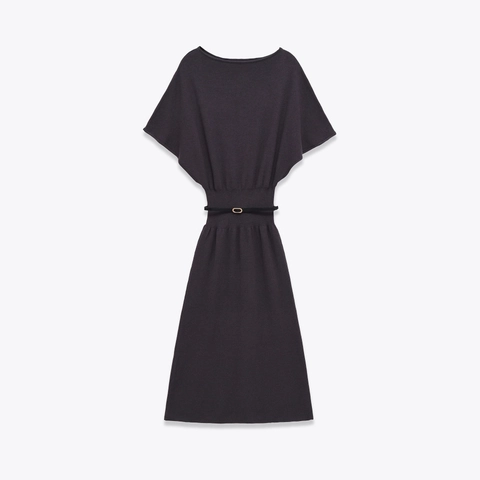 Women Knitted Midi Dress Elegant Solid Color Batwing Half Sleeve Belted Round Neck Casual Office Commute Dress
