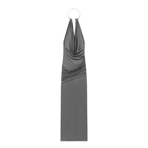 Ruched Halter Maxi Dress With Metal Ring Satiny Polyester Elegant Evening Party Style For Women Solid Grey