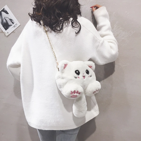 Cute Cat Shape Plush Crossbody Bag Kawaii Cartoon Animal Shoulder Bag With Metal Chain For Women Girls