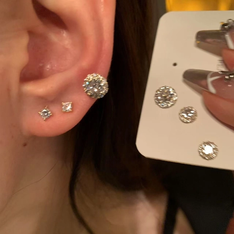Boucles Oreilles Clous Créoles Zirconium Carrées Rondes Avec Tige En Argent Base Cuivre Bijoux Mode Polyvalents Pour Femmes