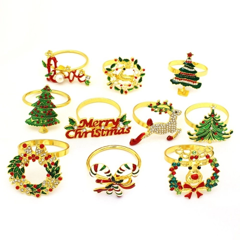 Ronds De Serviette De Noël Alliage Émail Strass Renne Arbre Flocon De Neige Père Noël Casse Noisette Décor De Table