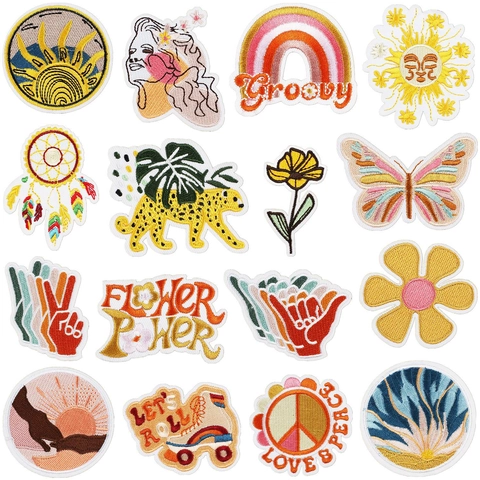 Retro Groovy Embroidered Patches Iron On Cloth Stickers Bohemian Flower Butterfly For DIY Clothing Backpack Decoration