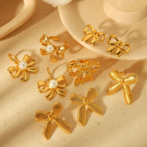 Elegante Bowknot Schmuck Edelstahl 18K Vergoldet Künstliche Perle Ohrringe Halskette Ring Armband Für Damen Mode Accessoire