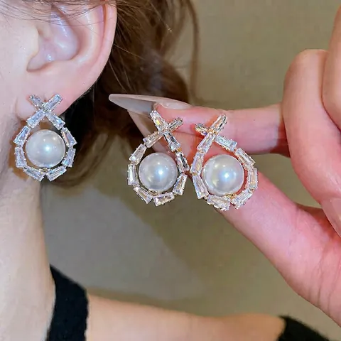 Luxus Kunstperlen Ohrringe Mit 925 Sterling Silber Ohrstecker Kupfer Baguette Zirkon Geometrisches Wassertropfen Design Für Damen