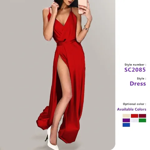 Robe De Soirée Sexy En Satin Col En V Bretelles Spaghetti Fente Haute Longue Dos Nu Robe De Bal Élégante Maxi Robe