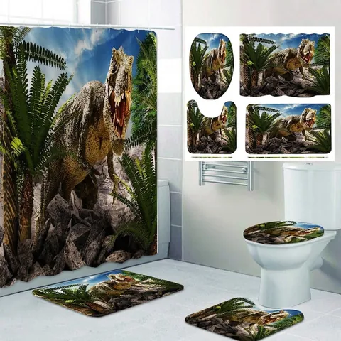Dinosaur Shower Curtain And Waterproof Bathroom Rugs With Toilet Lid Cover Non-Slip Mat Jurassic Jungle Print