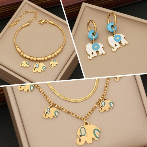 Elephant Evil Eye Jewelry Stainless Steel Double Layer Enamel Necklace Bracelet Earrings For Women Fashion Accessory