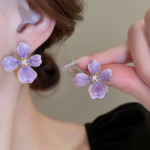 Purple Enamel Flower Petal Stud Earrings With 925 Sterling Silver Earring Post Alloy Imitation Artificial Pearl Elegant Vintage Jewelry
