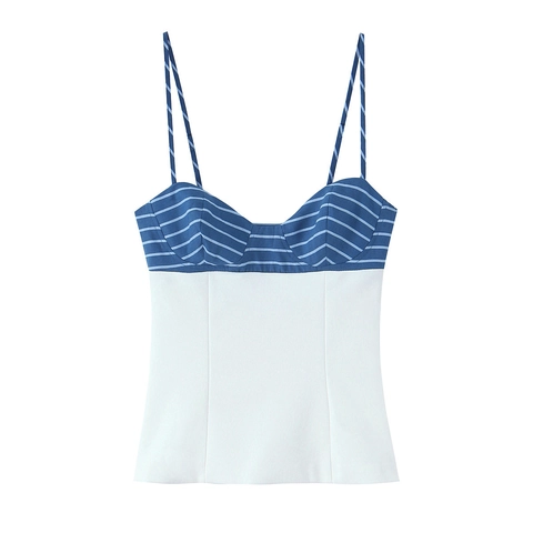 Top Canotta A Righe Blu Bianco E Mini Gonna A Linea Con Cintura A Fiocco Cotone Poliestere Abbigliamento Estivo