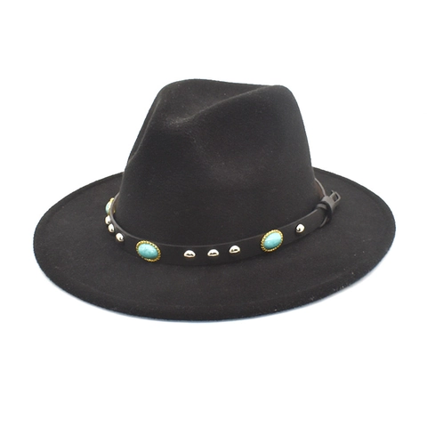 Wide Brim Fedora Hat Woolen Felt Ethnic Style With Turquoise Leather Belt Rivet For Men Women