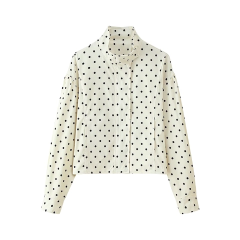 Damen Polka Dot Jacke Polyester Stehkragen Lange Puffärmel Reißverschluss Utility Mode Oberbekleidung Retro Eleganter Stil
