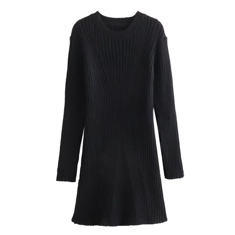 Strick Mini Kleid Gerippt Langarm Rundhalsausschnitt Einfarbig Schmal Geschnitten Hohe Taille A-Linie Pulloverkleid Damen