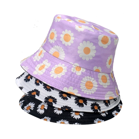 Women Bucket Hat Polyester Daisy Flower Print Sun Protection Summer Casual Outdoor Fisherman Hat Round Top