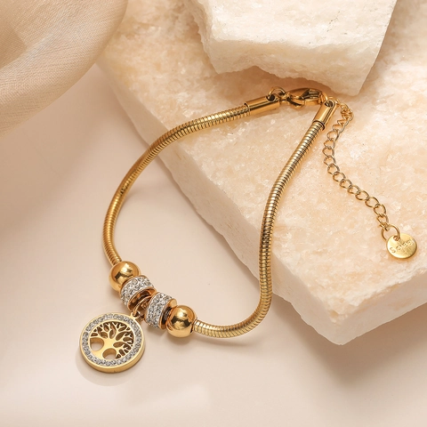 Pulsera Con Colgante De Árbol De La Vida Y Cadena De Cuentas Multicapa De Acero Inoxidable Chapado En Oro De 18K Para Mujer