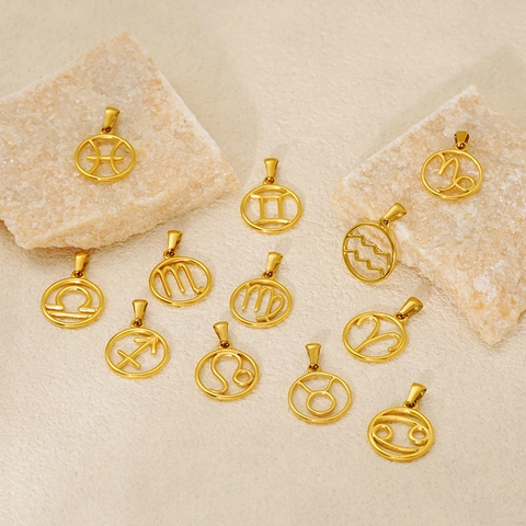 Ciondolo Segno Zodiacale Placcato Oro 18K Acciaio Inossidabile 304 Costellazione Charm Rotondo Collana Per Uomini Donne Gioielli Minimalisti