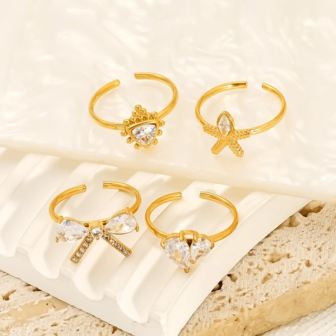 Anello Regolabile Elegante Placcato Oro 18K Acciaio Inossidabile 304 Zircone Cuore Stella Marina Impermeabile Per Donna