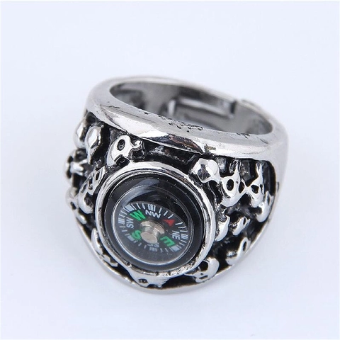 Vintage Compass Skull Ring For Men Alloy Functional Compass Punk Gothic Distressed Retro Silver Open Adjustable