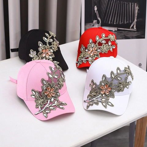 Women Luxury Rhinestone Baseball Cap Cotton Floral Embroidery Sun Hat Handcrafted Crystal Adjustable Fashion Peaked Cap