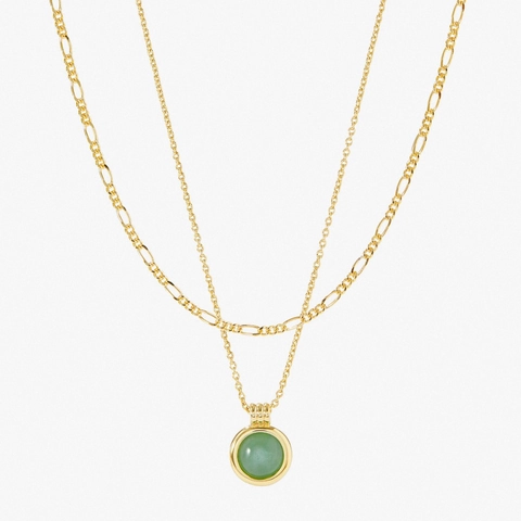 Collar Doble Capa Colgante Redondo Piedra Aventurina Verde Cadena Figaro Cobre Chapado Oro 24K Vintage Mujer