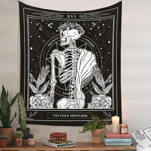 Tarot Card Tapestry Wall Hanging Polyester Skeleton Skull Raven Mushrooms Gothic Bohemian Home Decor For Bedroom Living Room