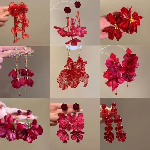 Chinese Style Red Spray Painted Koi Fish Earrings New Chinese Retro Versatile Ear Hooks Light Luxury Drop Earrings For Women
