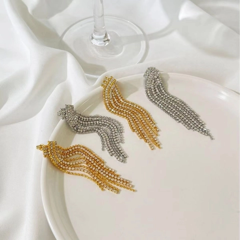 Eleganti Orecchini a Pendente Lungo con Nappine in Rame e Zirconia Con Perno in Argento Sterling 925 Gioielli da Cerimonia Donna