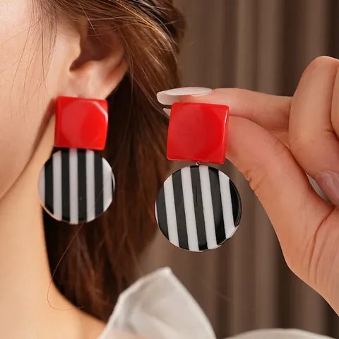 Retro Geometric Dangle Earrings Red Square Black White Striped Resin Jewelry With Silver Earring Post For Women