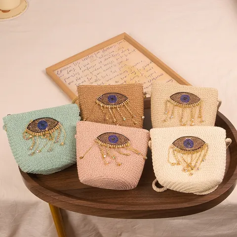 Straw Woven Crossbody Bag With Rhinestone Evil Eye Tassels Zipper Mini Summer Beach Purse For Girls