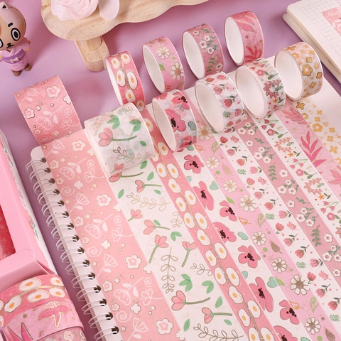 Pink Floral Washi Tape Set Gold Stamping Decorative Masking Tape For Scrapbooking Journaling DIY Crafts Stationery