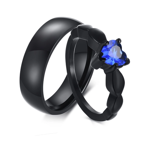 Heart Blue Cubic Zirconia Couple Rings Black Plated Stainless Steel Matching Promise Lovers Jewelry