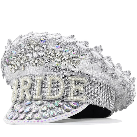 Cappello Da Capitano Sposa Paillettes Strass Künstliche Perle Scritta Addio Al Nubilato Matrimonio Glamour Stile Militare Berretto Donna