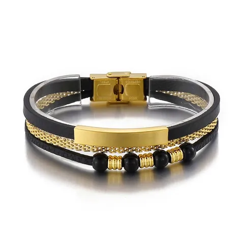 Pulsera Multicapa De Cuero Trenzado Para Hombre Con Placa De Acero Inoxidable Y Cuentas Joyería Punk